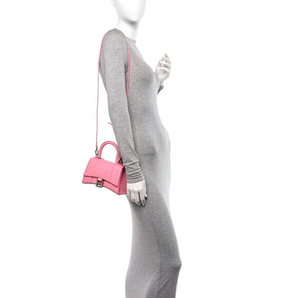 BALENCIAGA Hourglass Top Handle Mini Bag Crocodile Embossed Leather XS Pink Tote - Picture 2 of 12